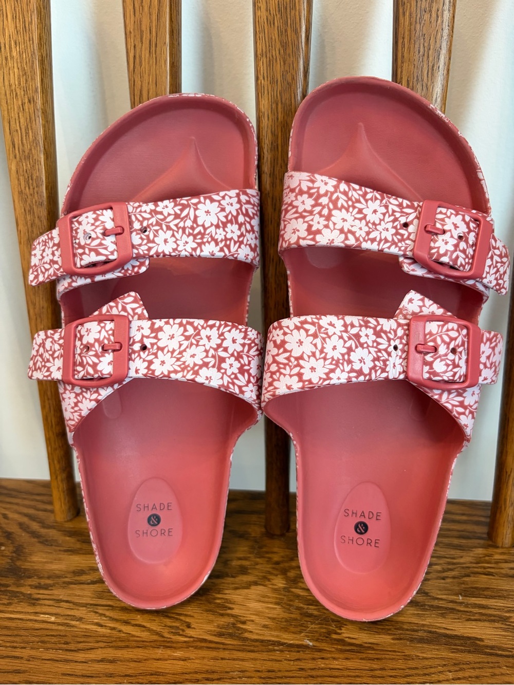 Shade & Shore Pink Floral Double Buckle Slide Sandals - Size 9